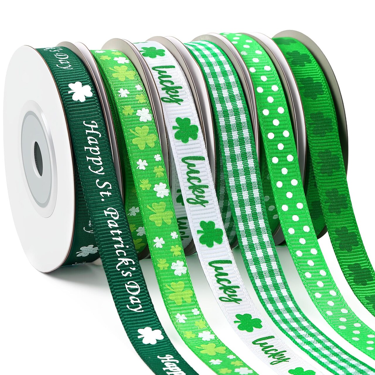 St Patrick's Day Ribbon 6 Rolls 60 Yards Shamrock Grosgrain Ribbon for Craft 10mm Wide Lucky Clover Ribbons for Irish Holiday Gift Wrapping Hair Bow Sewing Home Party Decoration